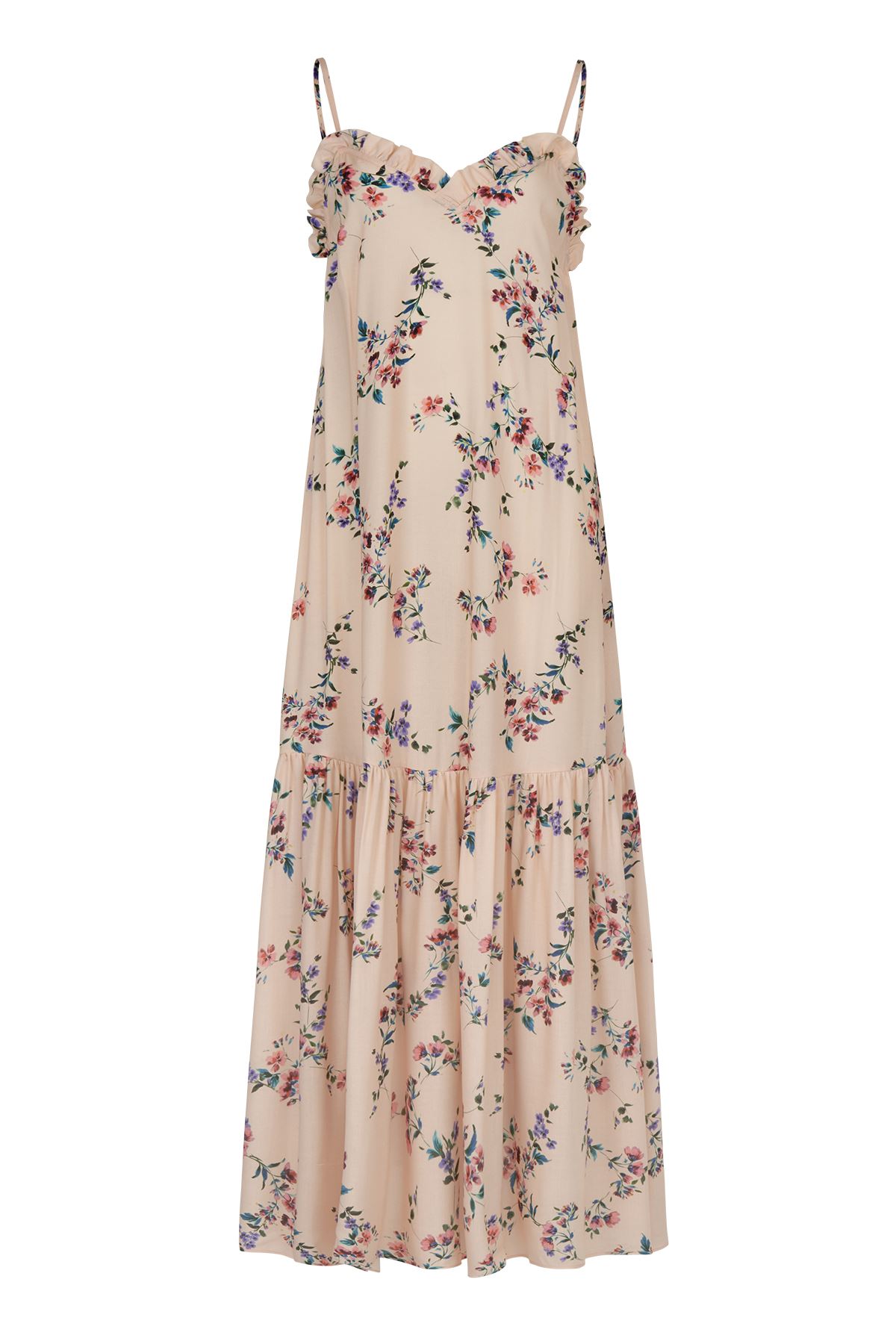 Fırfır Detaylı Maxi Elbise Sırt İpli (Floral)
