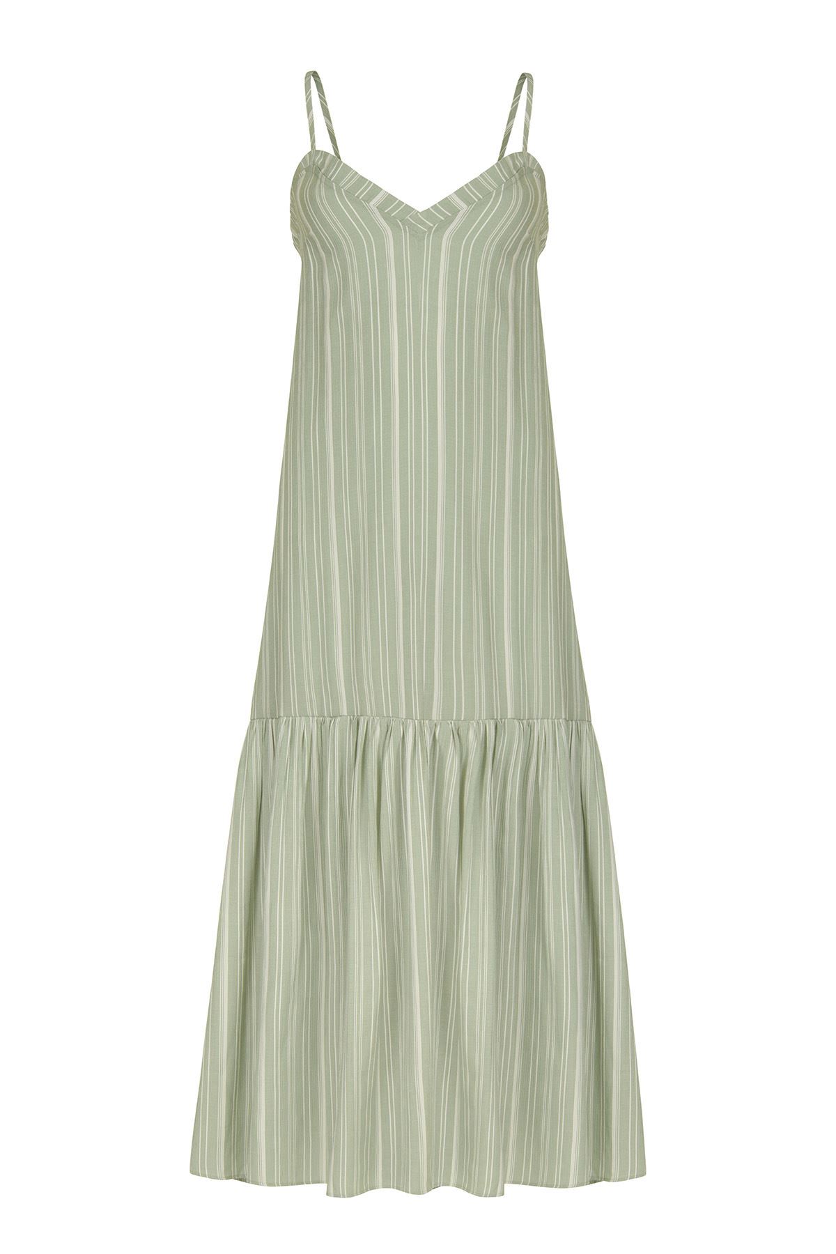 Fırfır Detaylı Maxi Elbise Sırt İpli (Çağla Yeşili Beyaz Çizgili)