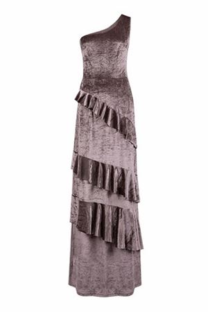 Tek Omuz Volanlı Uzun Kadife Elbise