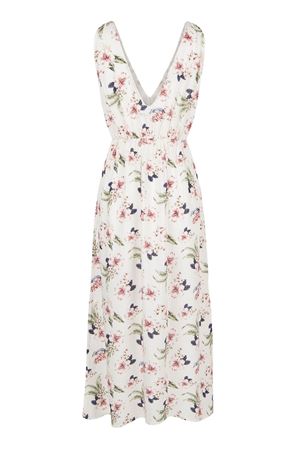 Midi Elbise Beyaz Üzeri Çiçekli (Ön Yaka Volanlı Arka Yaka V)