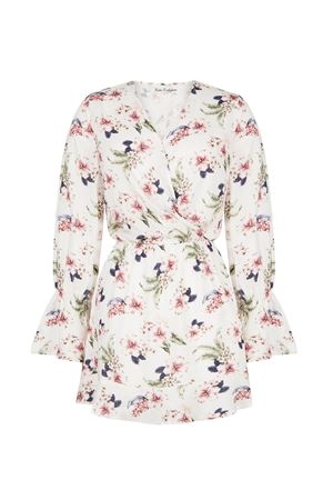 Uzun Kollu Mini Elbise (Beyaz Üzeri Çiçekli)
