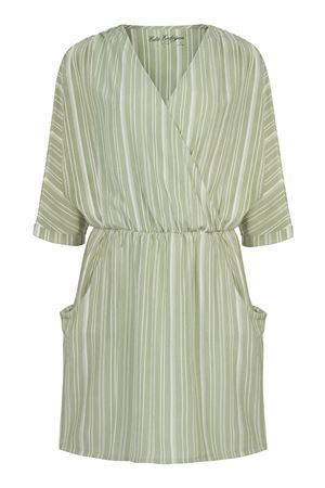 Dirsek Kol Cepli Mini Elbise (Çağla Yeşili Beyaz Çizgili)
