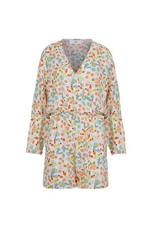 Uzun Kollu Şort Tulum (Ekru Turuncu Çiçek Desenli)