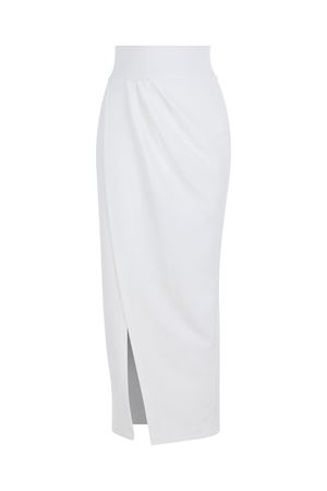 Beyaz Kruvaze Yırtmaçlı Midi Etek 