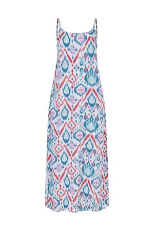 İnce Askılı Midi Boy Elbise (Kırmızı Su Yeşili Etnik Desen)