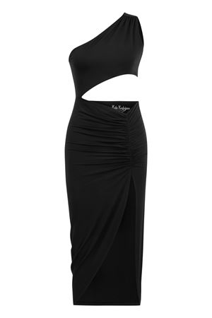 Siyah Mini Elbise Tek Omuz Kafes Drappe Detaylı