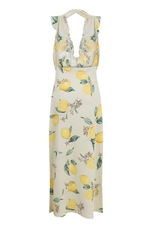 Midi Elbise Sırt Açık Boyundan Fırfır Detaylı (Ekru Üzeri Limon Desenli)